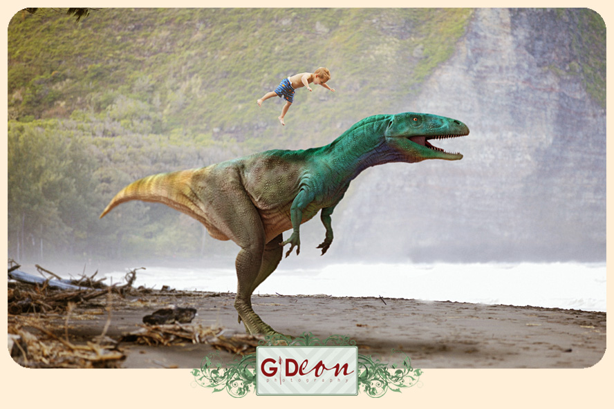 dinosaur and little boy at the beach
